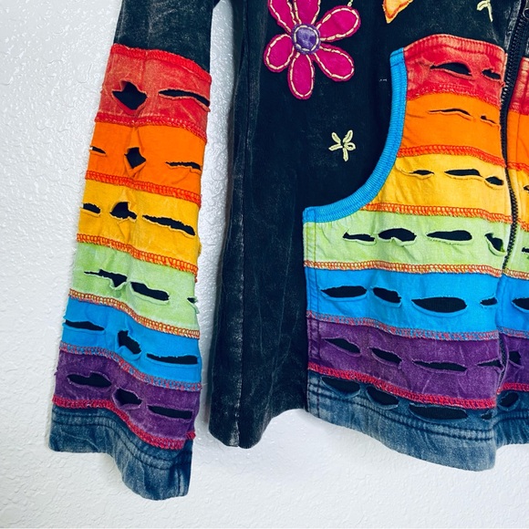 Boho Floral Embroidered Distressed Patchwork Zip Front Hooded Jacket Large - Picture 6 of 7